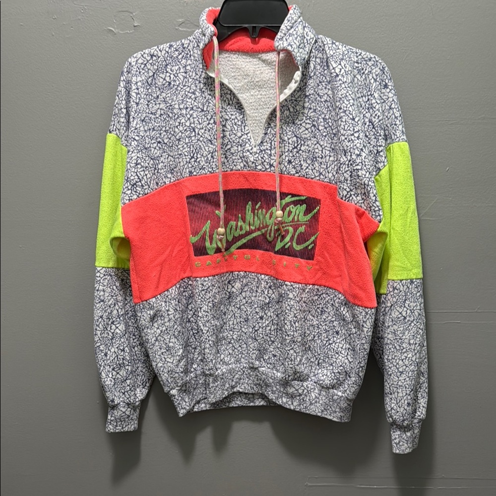 Vintage 80s 90s Washington D.C. Neon Colorblock Quarter Zip Pullover Sweatshirt‎